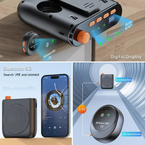 Miniatura 6 de Amplificador de voz inalámbrico mejorado 2026 con 2 micrófonos magnéticos de solapa, altavoz portátil de 15 W con base de carga, micrófono de aula