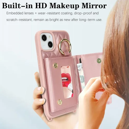 Miniatura 5 de Funda para iPhone 14 Plus con tarjetero y correa para mujer, cordón cruzado, espejo de maquillaje, soporte de anillo, cierre a presión, bonitas Rosa
