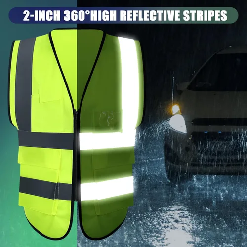 Miniatura 4 de Leumoi Paquete de 30 chalecos de seguridad reflectantes con bolsillos y cremallera de alta visibilidad para mujeres y hombres para el trabajo Verde