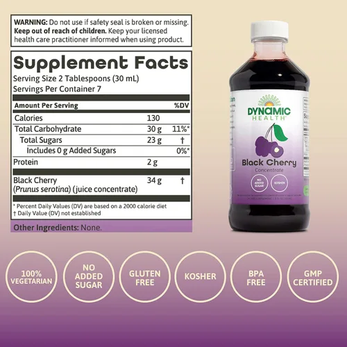 Miniatura 2 de Dynamic Health Concentrado de jugo 100% puro de cereza negra sin azúcar, sin aditivos ni conservantes, antioxidante, 8 onzas (el embalaje varía)