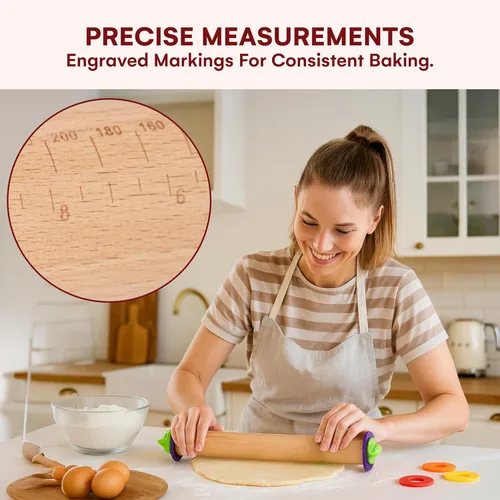 Miniatura 6 de Kitchtic Rodillo con anillos de grosor – Rodillo de madera ajustable – Herramienta esencial para hornear y rodillo – Grosor consistente – Fácil
