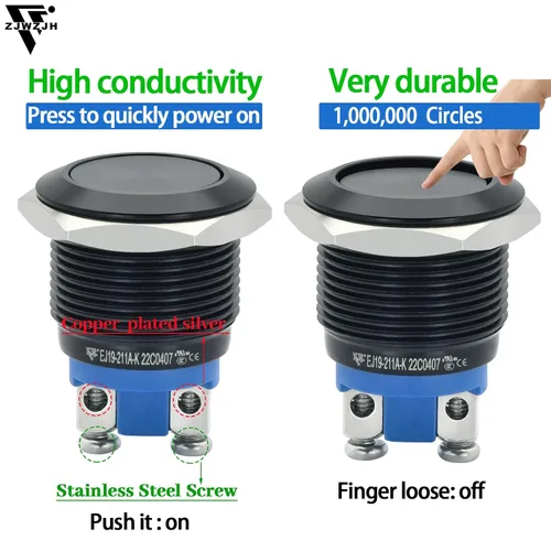 Miniatura 5 de 2 piezas de interruptor de botón de presión de 19 mm, negro, momentáneo, impermeable IP67, metal, plano, redondo, 3/4 pulgadas, 12 V, 24 V, 36 V
