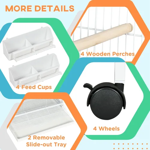 Miniatura 3 de PawHut Comedero de jaula de pájaros de metal forjado con soporte rodante, posaderas, contenedores de alimentos, puertas, ruedas, 67 pulgadas