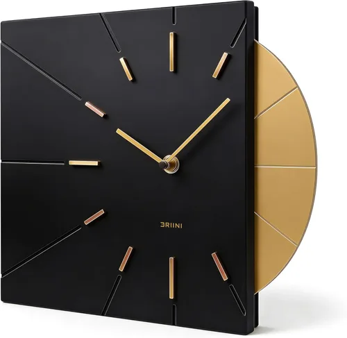 Relojes Driini Reloj de pared moderno de mediados de siglo - Reloj cuadrado negro con acento dorado decorativo - Reloj único y genial, funciona con