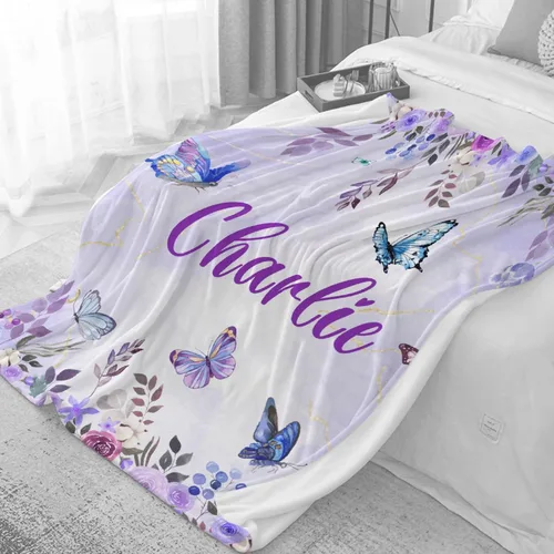 Miniatura 3 de Manta personalizada de franela de vellón de mariposa para bebé, manta de regalo personalizada con nombre, manta ligera y suave, bonita manta