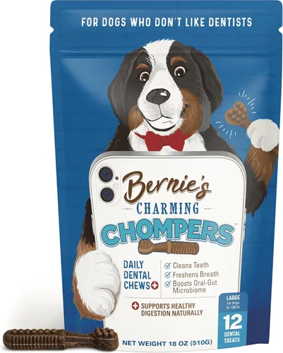 Bernie's Charming Chompers - Masticables dentales diarios para perros de 50 a 100 libras. - 12 unidades - Limpia los dientes, refresca el aliento +