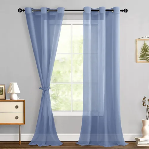 Miniatura 167 de Hiasan - Cortinas traslúcidas de gasa cortas semitransparentes con ojales y alzapaños filtrantes de luz para ventana, dormitorio, baño, 2 paneles