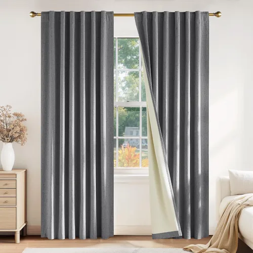 Miniatura 33 de PONY DANCE Cortinas de lino 100% opacas de 63 pulgadas de largo para dormitorio, sala de estar, oscurecimiento completo, bolsillo para barra