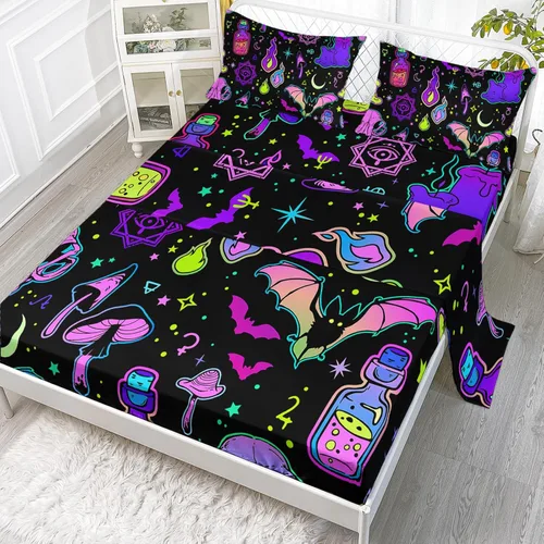 Miniatura 14 de Axolotl Juego de sábanas de gato negro de dibujos animados tamaño full, diseño de estrellas y luna impreso, ropa de cama para niños para decoración