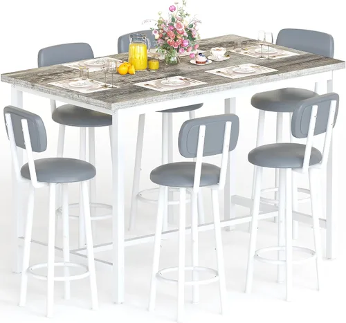 Miniatura 9 de Recaceik Juego de mesa de comedor de 50 pulgadas para 6, juego de mesa de bar de 7 piezas con taburetes tapizados, moderno juego de pub que ahorra