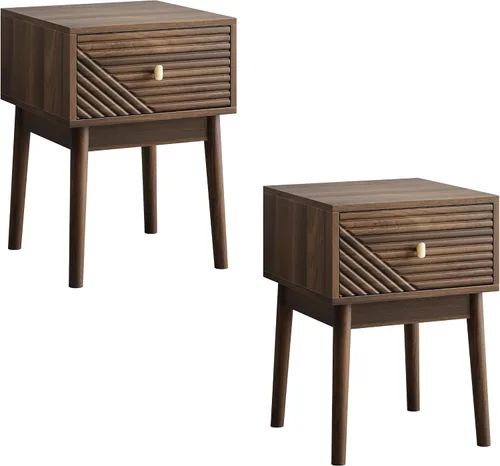 VECELO Medieval-Modern Style Walnut Bedside Table, Bedroom Bedside Table with Metal Handles, 15.75 x 15.75 x 21.65 inches, 2-Piece Set