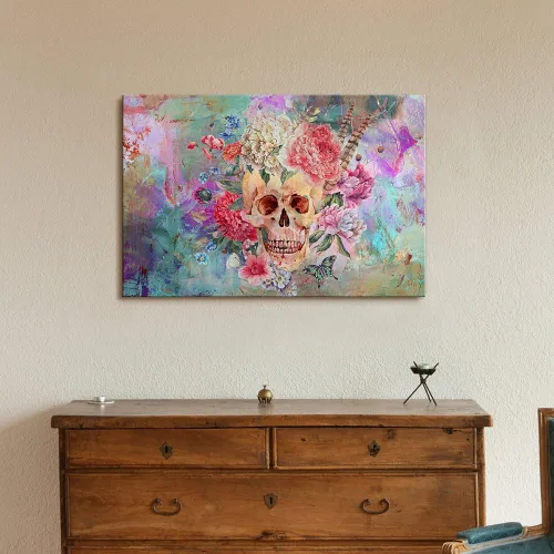 Miniatura 2 de wall26 - Lienzo decorativo para pared, calavera y flores sobre fondo abstracto, arte moderno para el hogar, listo para colgar, 32 x 48 pulgadas Obra