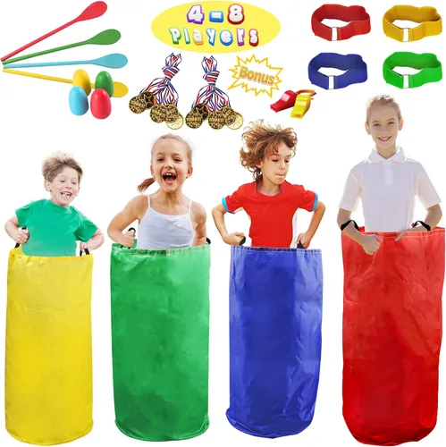 28 bolsas de carreras de sacos de papas, carreras de huevos y cucharas, juegos de carnaval, bandas de carreras de relevo de 3 patas, juegos al aire