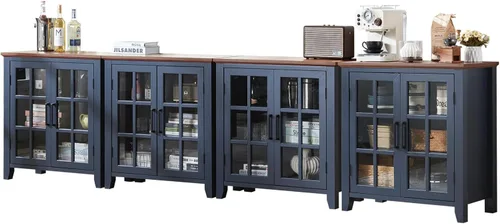 Miniatura 26 de Aparador Grande Buffet con Almacenamiento, 32" Mueble de Cocina Estilo Granja Azul Marino para Café y Vino con 2 Puertas de Vidrio, Mesa Aparador