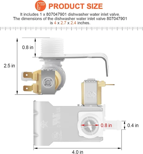 Miniatura 5 de 807047901 Válvula de entrada de agua para lavavajillas Frigidaire Crosley Kenmore ffcd2413us2a fgbd2438pb9b lfid2426tf0a - Reemplaza 33199020