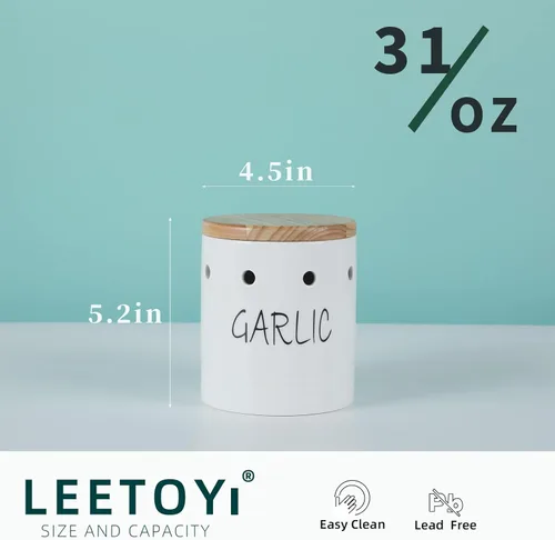 Miniatura 4 de Contenedor de ajo de cerámica con tapa de madera, contenedor de ajo para mostrador, fácil de limpiar, ahorra ajo para mantener tus dientes de ajo