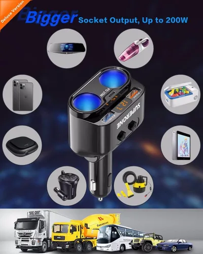 Miniatura 3 de SUPERONE Adaptador de corriente divisor de encendedor de cigarrillos de 200 W, cargador de coche USB C con entrega de potencia de 20 W 3.0 y QC 3.0