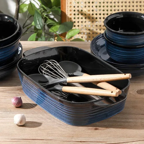 Miniatura 4 de Plato de cerámica para hornear, cacerola de 8.7 x 15.2 pulgadas con asas, bandeja rectangular profunda para lasaña para asar y hornear, utensilios