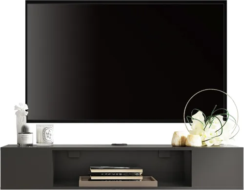 Miniatura 2 de FITUEYES Soporte de TV flotante negro, centro de entretenimiento montado en la pared, almacenamiento de madera, estante de consola multimedia debajo