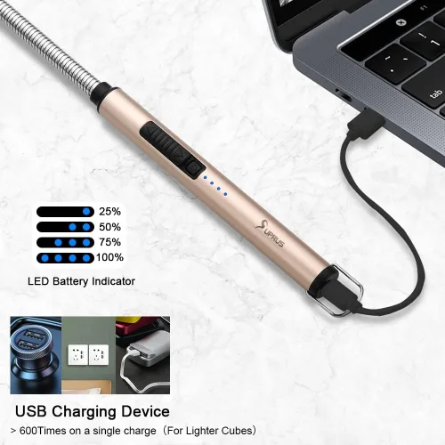 Miniatura 4 de Encendedor de velas eléctrico SUPRUS USB tipo C recargable, con carcasa de acero y gancho para colgar con cuello flexible de 360° (Oro)