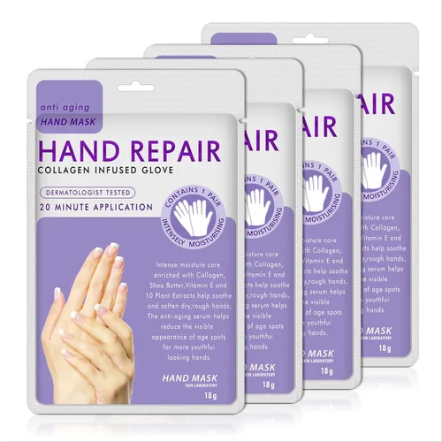 4 paquetes de guantes hidratantes para manos, máscara de spa para manos con colágeno, suero + vitaminas + extractos naturales de plantas para manos