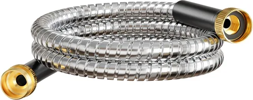 Miniatura 13 de Beitopamz Manguera de jardín de 100 pies, manguera de agua de metal de acero inoxidable con boquilla, flexible y duradera, a prueba de óxido, sin