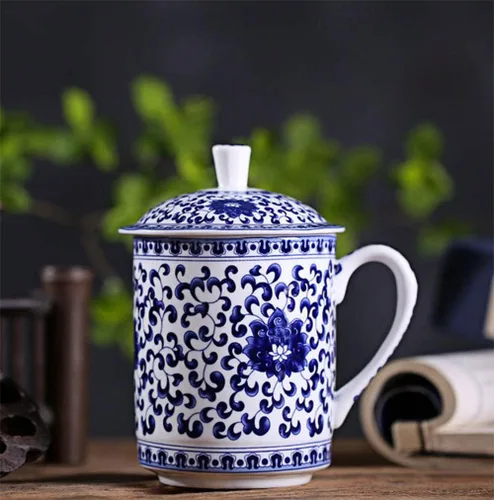 Miniatura 3 de 123Arts Taza de café de cerámica Retro azul y blanco taza de té taza de agua taza de leche con tapa