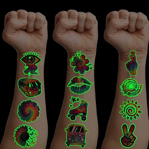 96 tatuajes temporales luminosos precortados que brillan en la oscuridad de los años 90 y 80 para niños, recuerdos de fiesta de cumpleaños temáticos