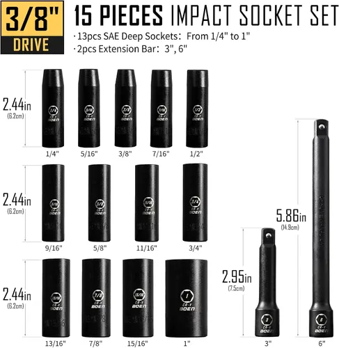 Miniatura 6 de Boen Juego de 35 piezas de llaves de impacto, unidad de 1/2 pulgada y unidad de 3/8 pulgadas SAE (1/4" a 1") y métricas (0.394-0.945 in), barras