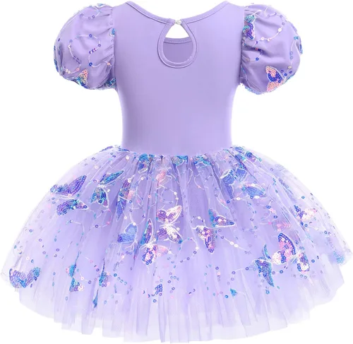 Miniatura 2 de Leotardos de ballet para niñas, 4 colores, mariposa, lentejuelas brillantes, vestido tutú de baile, manga abombada, ojo de cerradura en la espalda