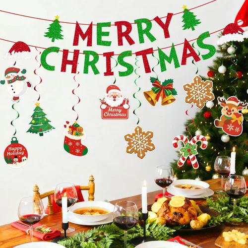 Miniatura 6 de jijAcraft 38 carteles de decoración navideña de Feliz Navidad, remolino colgante premontado, decoraciones de Navidad para interiores, decoración
