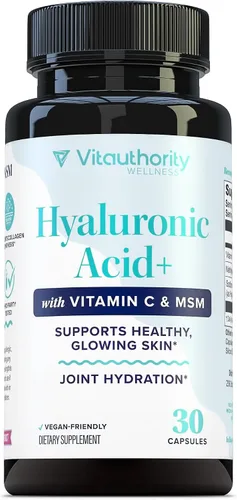 Vitauthority Cápsulas de ácido hialurónico con MSM y vitamina C | 120 mg de hialuronato de sodio | Hidratación de la piel, elasticidad y apoyo de