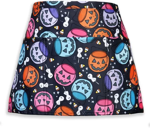 Plum Hill Delantal de cintura de Halloween con bolsillos, medio delantal de calabaza para mujer, delantal de camarera, delantal de servidor,