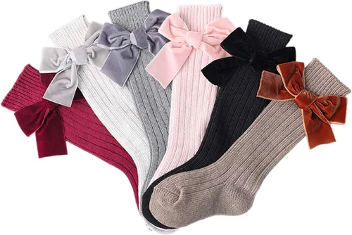 Kayotuas Calcetines altos hasta la rodilla con lazos, calcetines de uniforme con volantes de tubo largo, calcetines de punto acanalado para bebés y