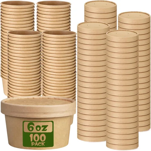Miniatura 26 de Fulmoon Paquete de 100 recipientes de papel para sopa con tapas, recipientes de papel desechables para alimentos con tapa ventilada, tazas de postre