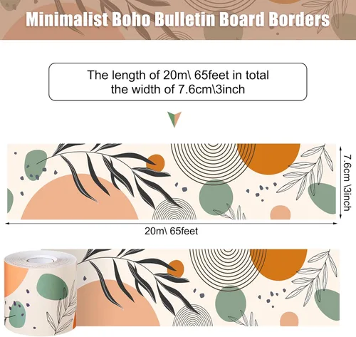 Miniatura 2 de Zonon Bordes bohemios de 65 pies para tablón de anuncios, 1 rollo de tablón de anuncios, bordes rectos para decoración de regreso a la escuela