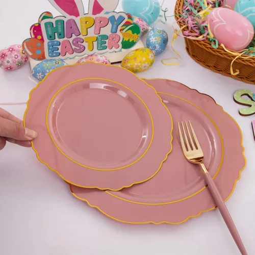 Miniatura 6 de NERVURE - 102 platos de plástico dorados, diseño de cristal transparente, desechables, para fiestas de boda; incluye 51 platos de plástico para cena