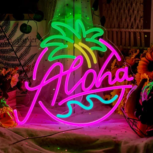 Miniatura 6 de Aloha - Letrero de neón de palmera para fiesta en la playa, letrero LED de verano tropical Aloha para decoración de pared de bar Tiki hawaiano