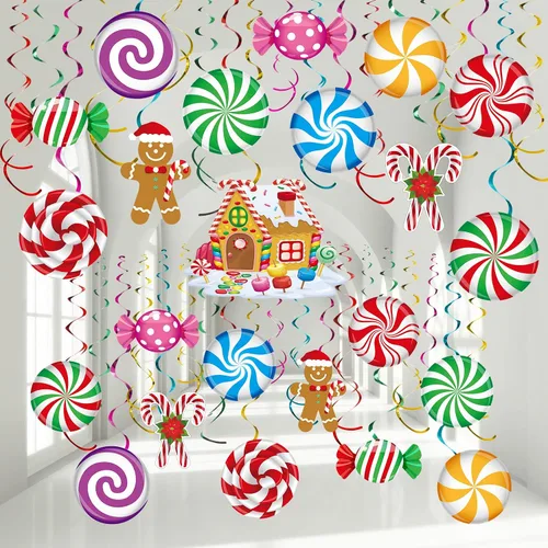 Miniatura 9 de Zomiboo 53 remolinos colgantes de Navidad, dulces de Navidad, pan de jengibre, camión, cardenales rojos, adornos de decoración de techo para árbol