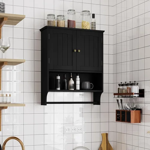 Miniatura 9 de Smuxee Armario de baño negro montado en la pared con barra de toallas, botiquín con 2 estantes ajustables de puerta, armario sobre inodoro
