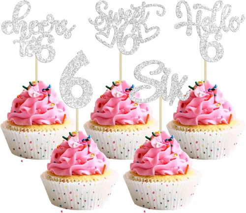 Miniatura 45 de 30 piezas Adornos para pastel de cumpleaños de 6 años, seis brillos, hola 6, púas para cupcakes, felicitaciones a los 6 años, decoraciones