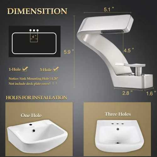 Miniatura 7 de becola Grifo de Cascada para Lavabo de Baño, Grifo Mezclador de Agua Caliente y Fría de Latón Macizo con Mango Individual, Grifo para Lavabo