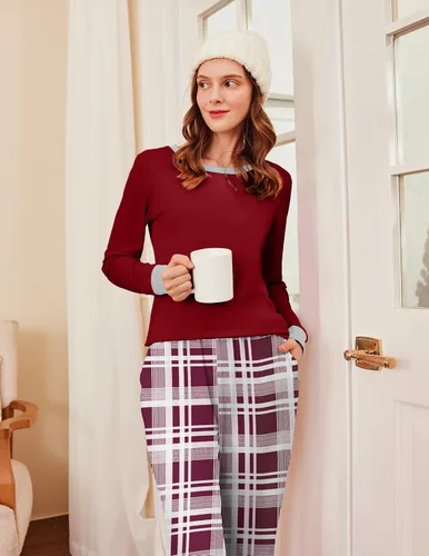 Miniatura 118 de Ekouaer Conjunto de pijama de manga larga para mujer, ropa de dormir suave con cuello redondo y bolsillos