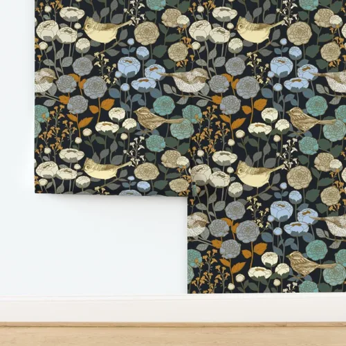 Miniatura 4 de Papel tapiz para despegar y pegar, diseño de pájaros negros con diseño de jardín de invierno, diseño de pájaros negros y oscuro, papel tapiz