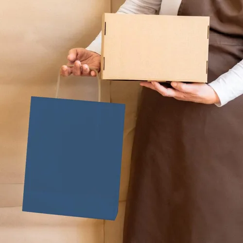 Miniatura 8 de bagmad Paquete de 100 bolsas de papel de regalo azules medianas de 8 x 4.75 x 10 pulgadas con asas, bolsas de papel de estraza a granel, bolsas