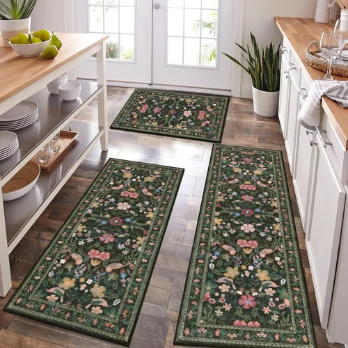 Miniatura 21 de HEBE - Juego de alfombras de cocina bohemias de 3 piezas con corredor, alfombras de cocina antideslizantes y tapetes lavables para piso de cocina