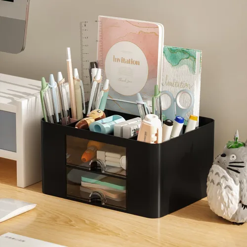 Miniatura 7 de Organizador de escritorio Vimbo de 7 rejillas con cajón – Organizador de mesa multifuncional de plástico y soporte para bolígrafos para la escuela