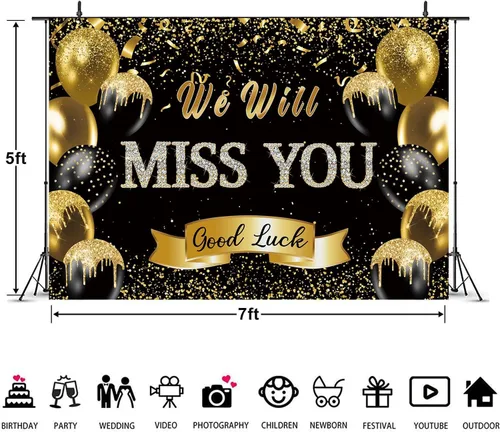 Miniatura 6 de Fondo de fiesta de despedida de jubilación We Will Miss You Black Gold Glitter Balloon Photography Background Goodbye Going Away Retirement Bye