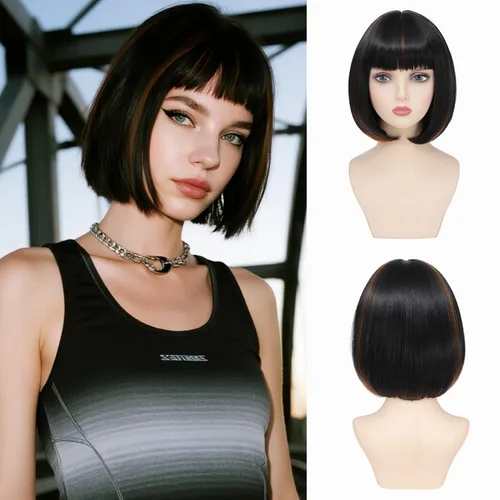Miniatura 8 de Peluca Bob Marrón Ceniza con Flequillo, Peluca Corta y Lisa para Mujeres y Niñas, 12 Pulgadas, Resistente al Calor, Peluca de Cabello Bob Sintético