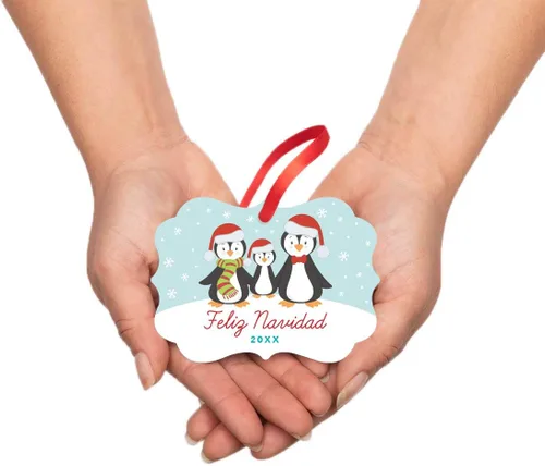 Miniatura 3 de Andaz Press Adorno de recuerdo de Navidad con marco de fantasía para la familia española, metal, feliz Navidad 2025, familia de pingüinos de Merry